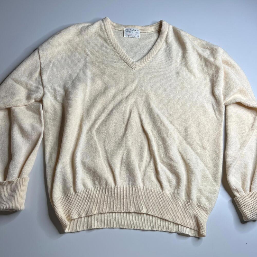 JeffLamb Lord Jeff Virgin Lambswool Sweater Cream V-Neck Made‎ in USA XL